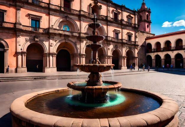 Photo a fountain with a building that says  the name of the city