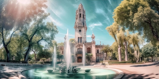 fountain with a clock tower in the centre of the park