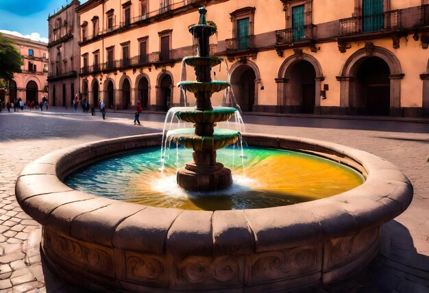 a fountain with a colorful rainbow on it and people walking in the background