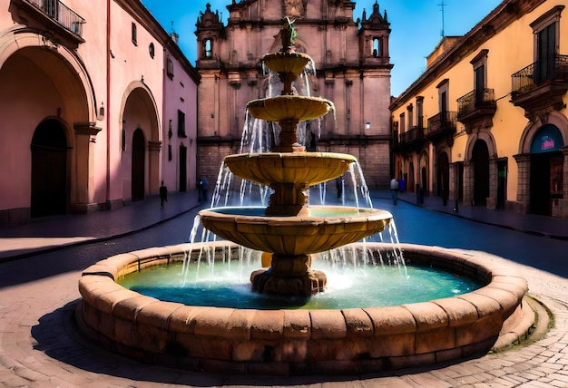 Photo a fountain with a fountain in front of a building that says  the fountain