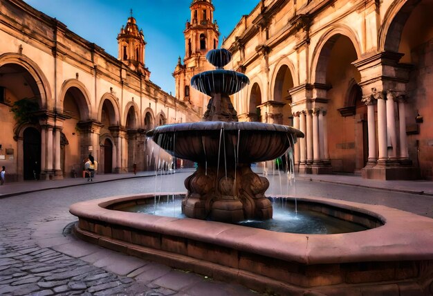 Photo a fountain with a fountain in front of a building that says  the fountain