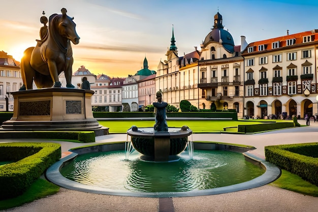 a fountain with a fountain in front of a building with a fountain in front of it.