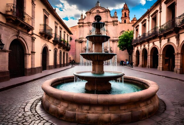 Photo a fountain with a fountain in the middle of it and a building in the background