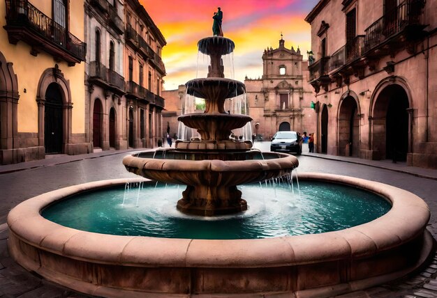 Photo a fountain with a fountain that has a water fountain in it