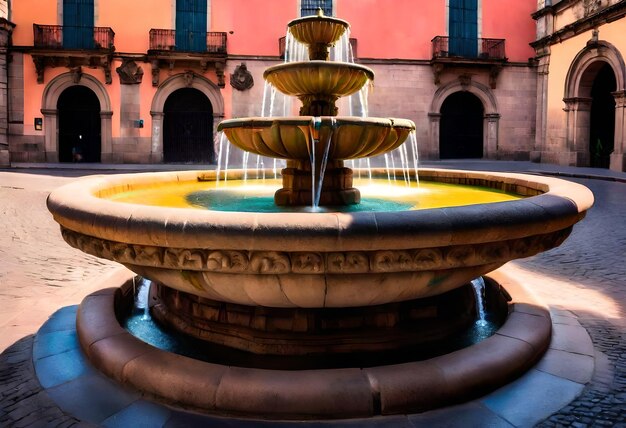 a fountain with a fountain that has water in it