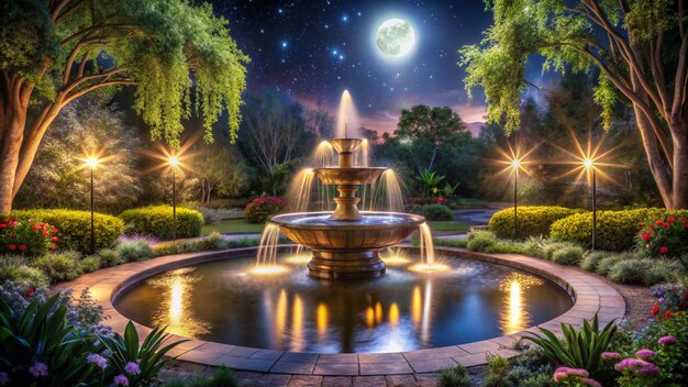 a fountain with a full moon and a full moon in the background