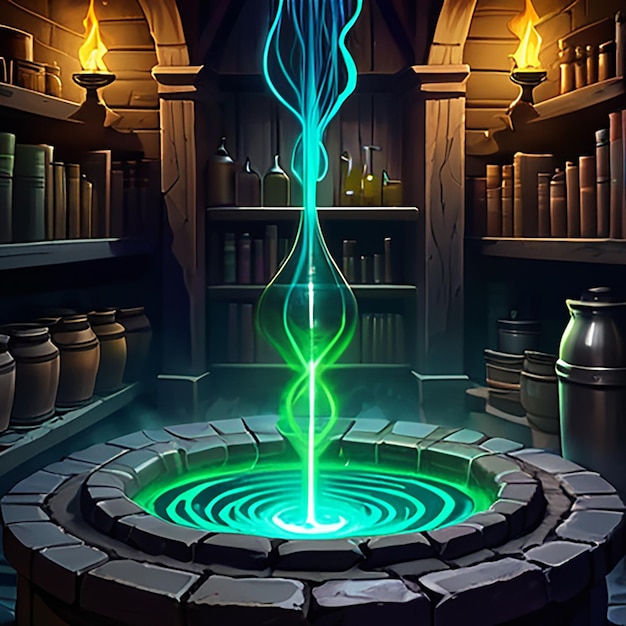 Photo a fountain with a green and blue spiral design is shown in a room with a fireplace and a bookcase