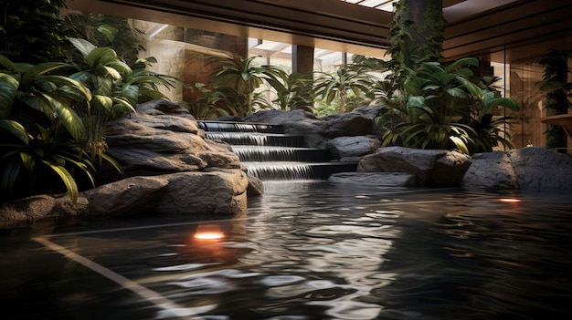 a fountain with a light on it and a water fountain in the background