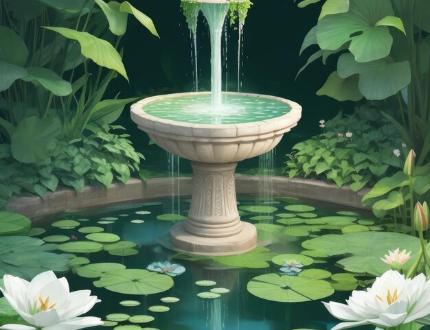 A fountain with lily pads wallpaper