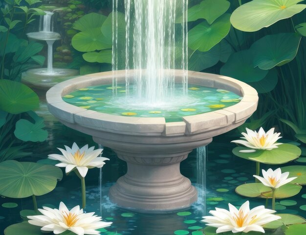 A fountain with lily pads wallpaper