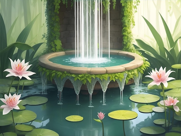 A fountain with lily pads