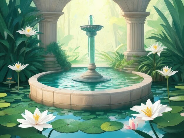 A fountain with lily pads