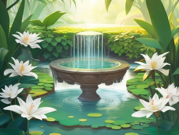 A fountain with lily pads