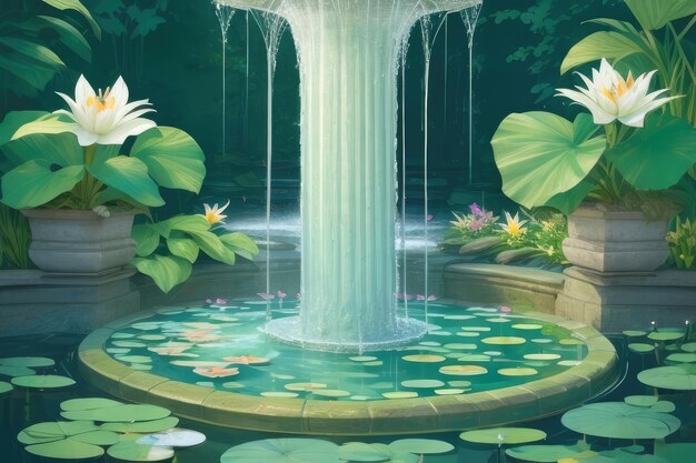 A fountain with lily pads