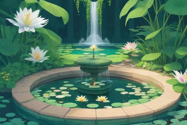 A fountain with lily pads