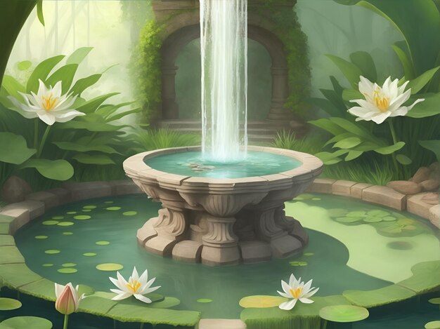 A fountain with lily pads