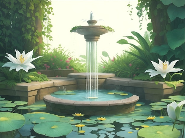 A fountain with lily pads