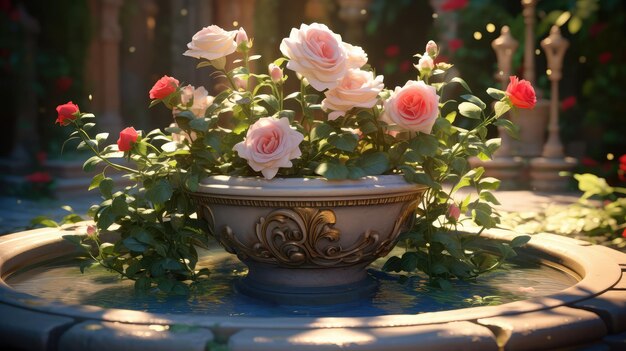 a fountain with pink roses in it