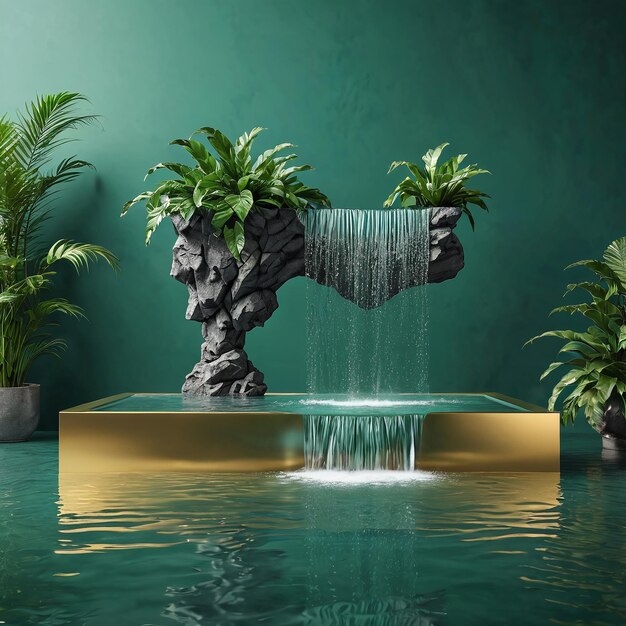 a fountain with plants and water