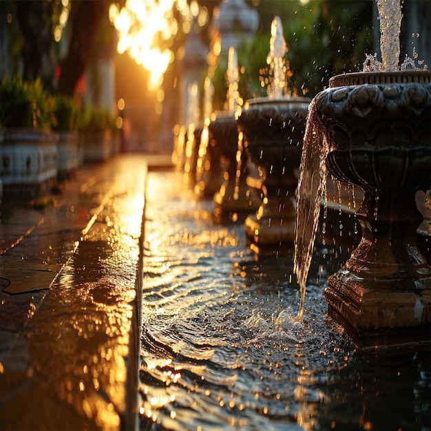 a fountain with water flowing in it and the sun shining through the water