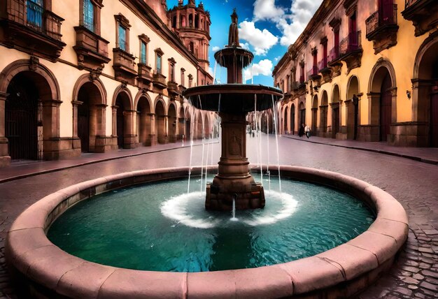 Photo a fountain with water running through it and a building with a blue sky in the background