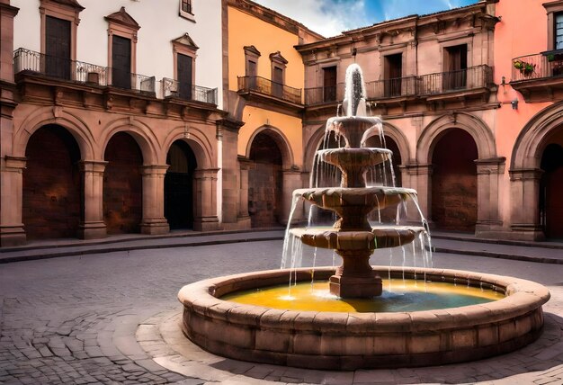 a fountain with a yellow and red water fountain in front of a building