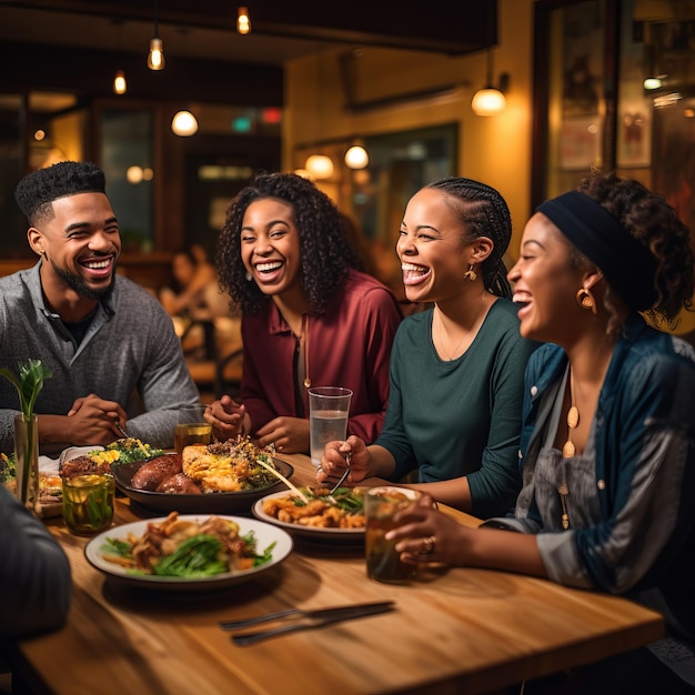 Four African American friends laughing and enjoying dinner at a restaurant