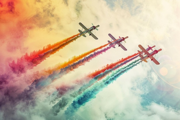 Photo four airplanes with colored smoke in the sky and one is red yellow and blue