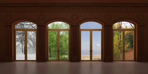Четыре арочных винтажных окна с разными видами
