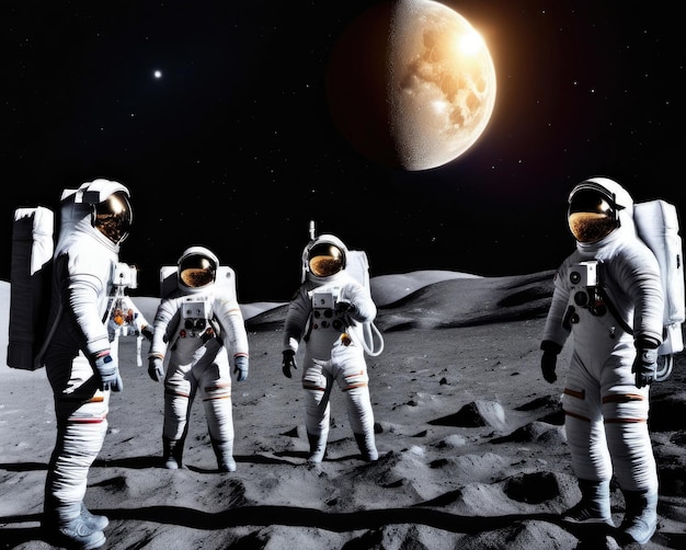 사진 4명의 우주비행사가 달에 있고, 그 중 한 명이 우주복을 입고 있습니다.