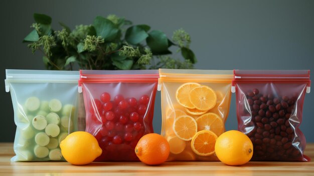 Four Bags of Fruit Lined Up on Table