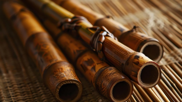 Photo four bamboo pipes of different sizes lie on a bamboo mat the pipes are all tied together with a thin rope