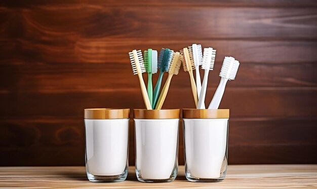 Four bamboo toothbrushes in a glass with copy space on a wooden background