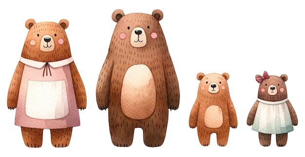 Four bears in clothes with varied expressions The bears seem like a family with parents and children