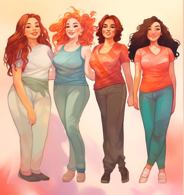 Four beautiful diverse body positive standing girls with different casual fashion clothes and poses