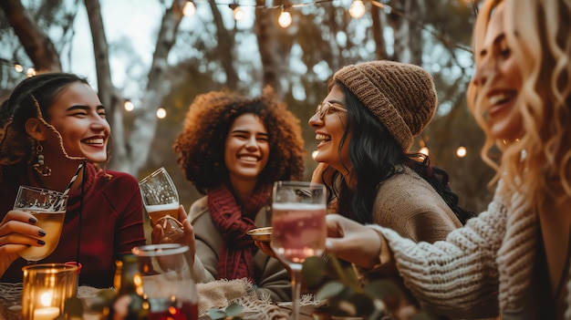 Four beautiful diverse women are sitting around a table in the woods laughing and drinking wine