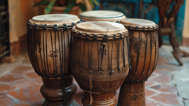 Four beautiful handmade wooden drums with natural skin drumheads sit on a stone floor