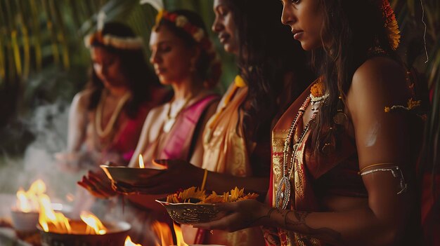 Photo four beautiful indian women in traditional clothing perform a spiritual ritual in a temple