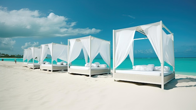 Four beds on a beach with a blue sky in the background