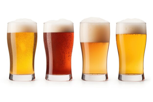 Four beers in glasses on a white background with a cut path in the file