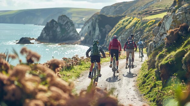 Photo four bikers ride along a coastal path on a sunny day the sea is to their left and the cliffs are to their right