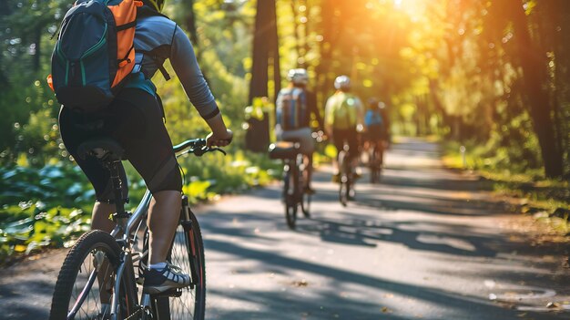 Photo four bikers ride their bikes through a sunny forest the bikers are all wearing helmets and carrying backpacks