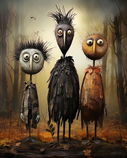 four birds are standing in a forest with one has a face that says owl