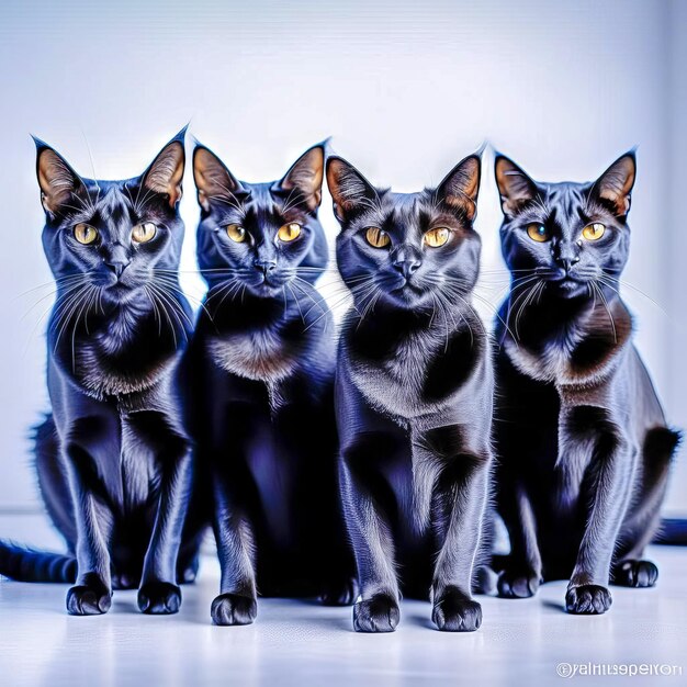 Четыре красивых черных кошки на простом фоне