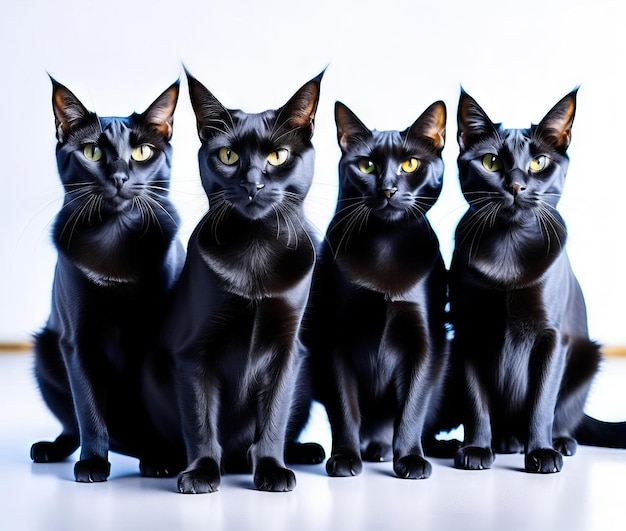 Photo four black beautiful cats on a plain background