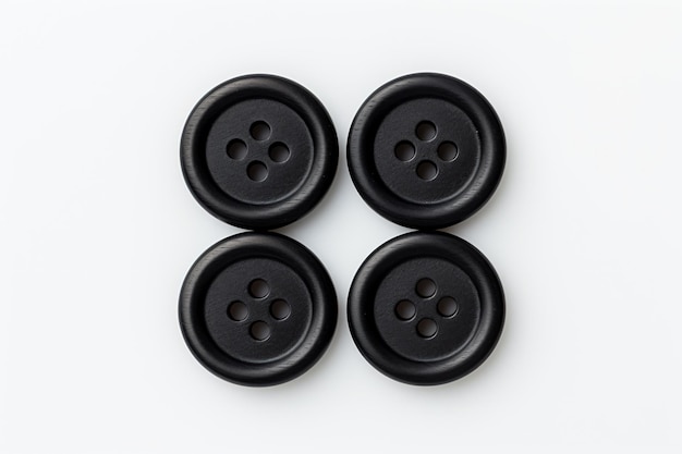 Four black buttons are arranged on a white surface