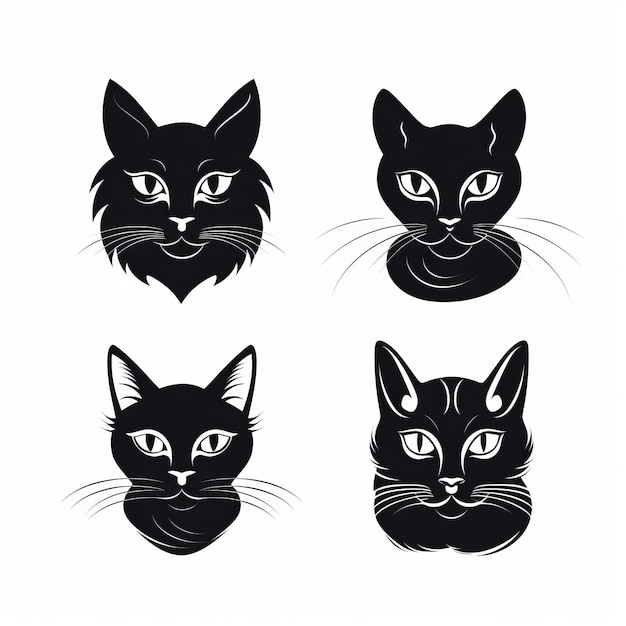 黒と白の Portra のスタイルの 4 つの黒猫の頭のアイコン