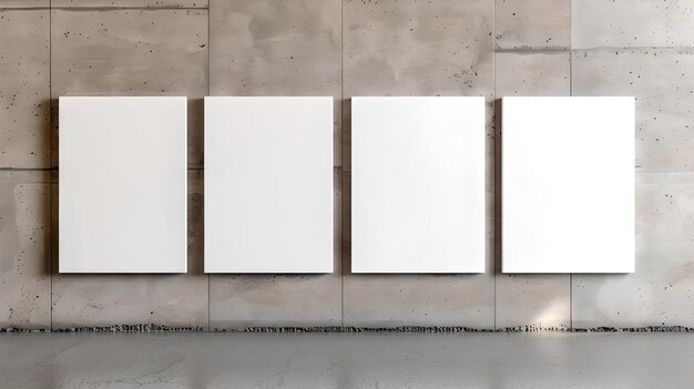 Photo four blank canvas on a grey wall in a bright room ideal for art displays and mockups contemporary interior design ready for customization ai