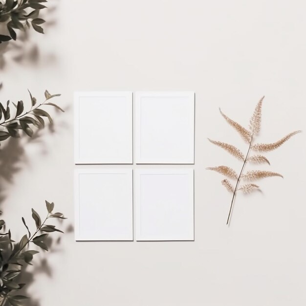 Four blank photo frames with dried plants
