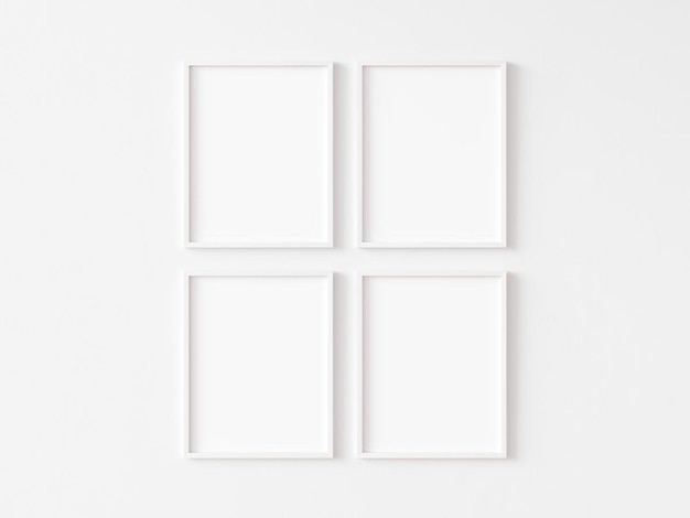 Four blank vertically oriented rectangular picture frames with t